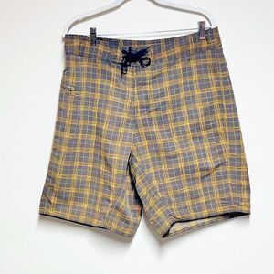 Patagonia Mens Board Surf Beach Shorts Mustard Brown Plaid Print Sz 34 Host Pick